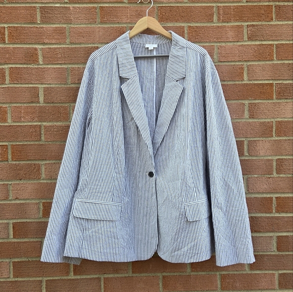 J. Jill Women’s Navy Blue & White Seersucker One Button Striped Blazer Size 4X - Picture 1 of 6